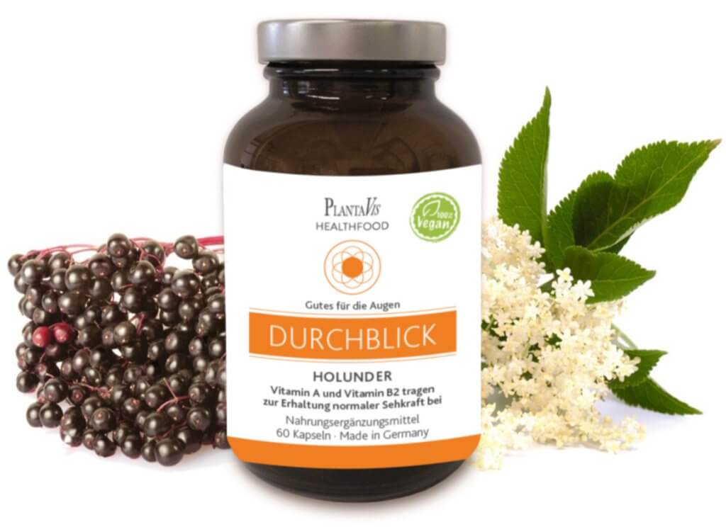 DURCHBLICK Augen Holunder Lutein Kapseln Lutein, Vitamin A und Vitamin B2 tragen zur Erhaltung normaler Sehkraft bei 30 Tage Versorgung  Inhalt: 60 Kapseln | Füllmenge: 32,8g.