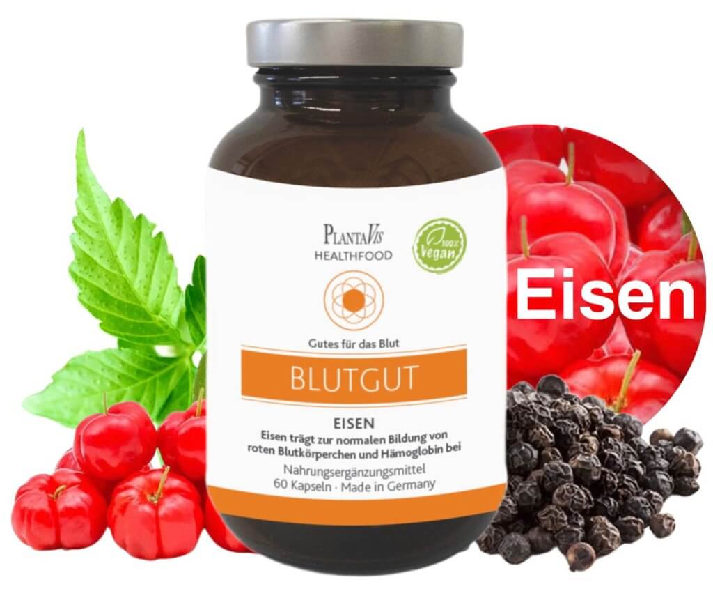 Blutgut-Eisen Kapseln Eisen trägt zur normalen Bildung von roten Blutkörperchen und Hämoglobin bei Inhalt: 60 Kapseln | Füllmenge: 29,68g.