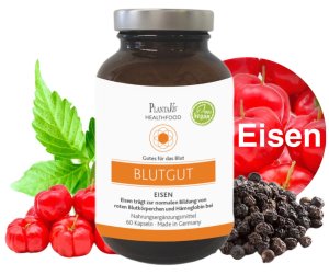 Blutgut-Eisen Kapseln Eisen trägt zur normalen Bildung von roten Blutkörperchen und Hämoglobin bei Inhalt: 60 Kapseln | Füllmenge: 29,68g.