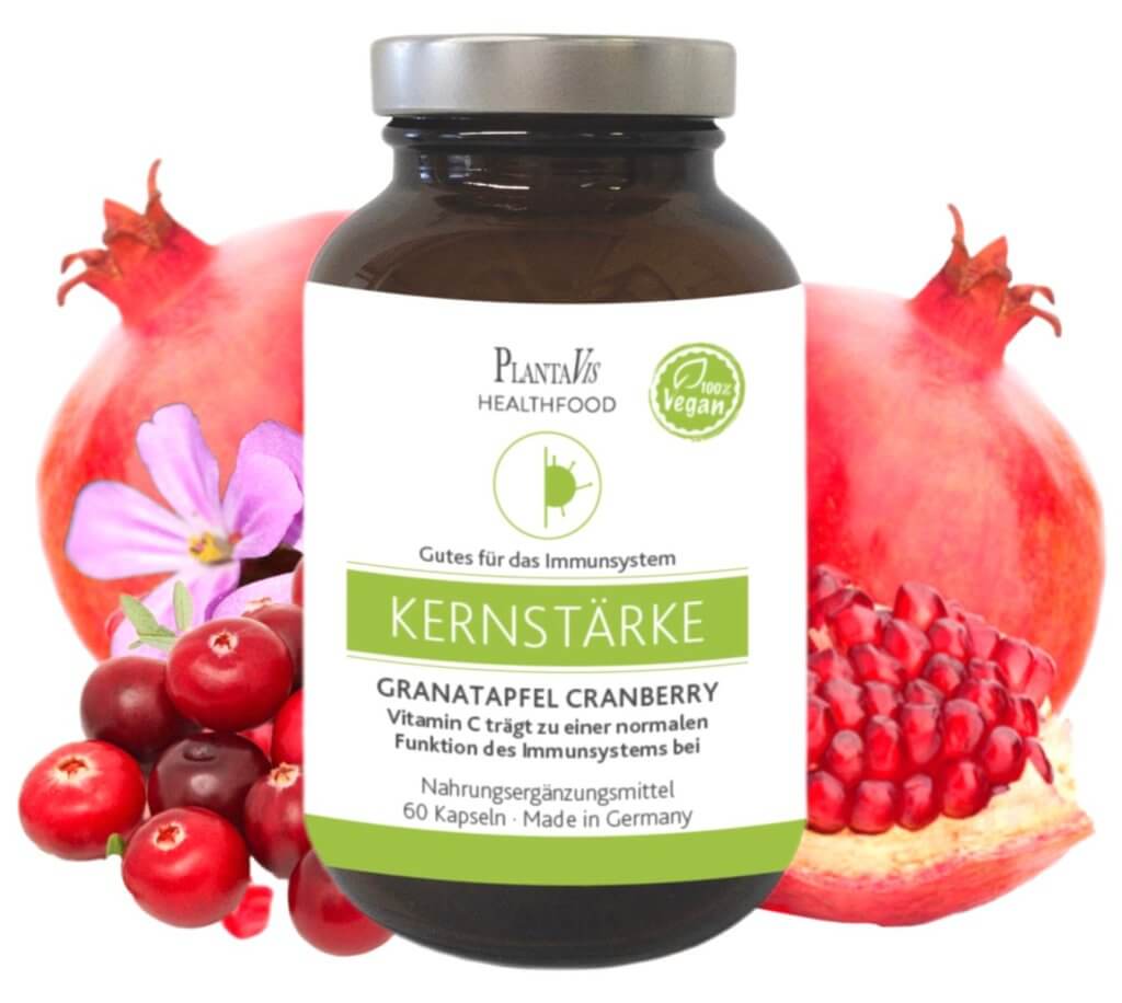 Granatapfel Cranberry Kapseln Vitamin C trägt zu einer normalen Funktion des Immunsystems   30 Tage Versorgung  Inhalt: 60 Kapseln | Füllmenge: 33,3 g.