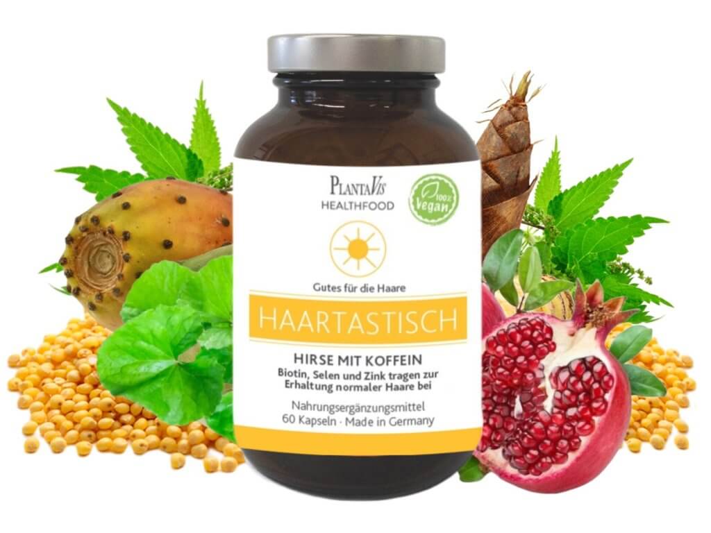 Haartastisch: Hirse plus Koffein Kapseln für die Haare Biotin, Selen und Zink tragen zur Erhaltung normaler Haare bei 30 Tage Versorgung  Inhalt: 60 Kapseln | Füllmenge: 30,08 g.